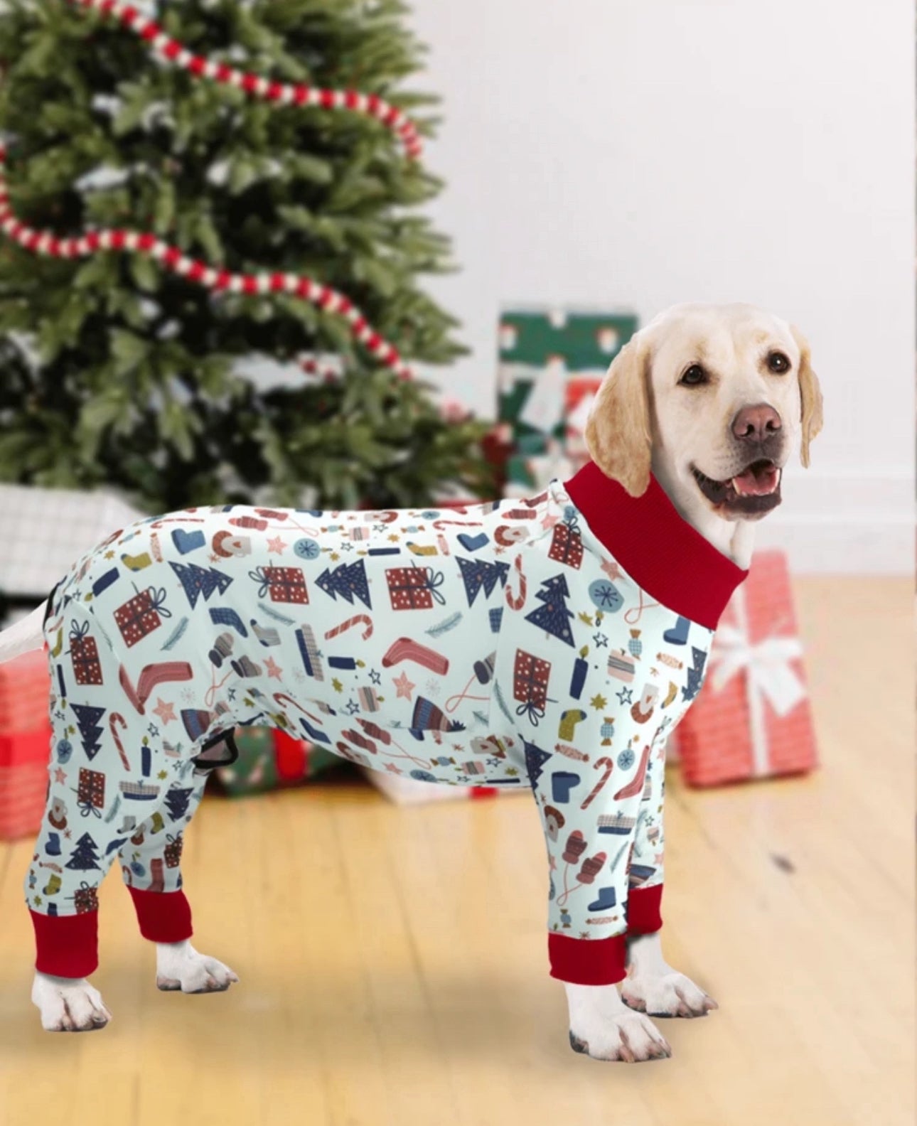 Red- Festive Print Dog Jumpsuit